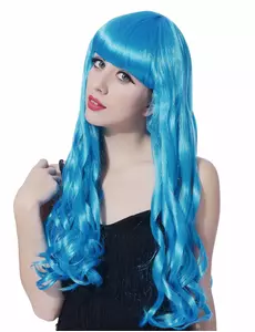 Dlouhá vlnitá modrá paruka s ofinou pro ženy