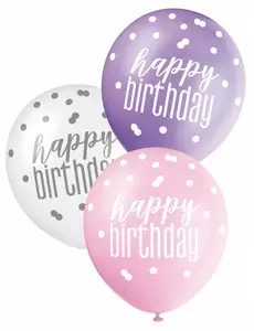 6 růžových, fialových a bílých balonků Happy Birthday