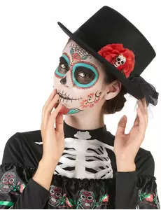 Černý cylindr s červenou květinou a lebkou pro Dia de los muertos (dospělý)
