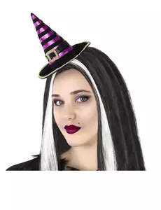 Čelenka mini čarodějnický klobouček černý/fialové pruhy pro dospělé