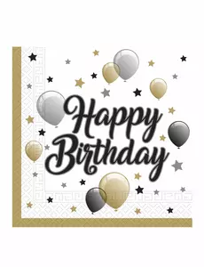 20 papírových ubrousků Happy Birthday zlatá/černá/stříbrná 33 × 33 cm