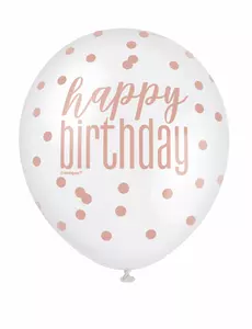 6 latexových balónků Happy Birthday s bílými a růžovými puntíky 30 cm