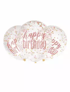 6 průhledných latexových balónků Happy Birthday s růžovým konfeti 30 cm