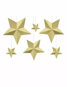 6 zlatých 3D závěsných vánočních hvězd