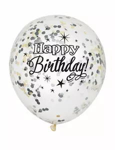 Latexové balónky Happy Birthday se stříbrno-zlatými konfetami 30 cm