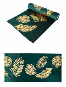 Sametový běhoun na stůl zelený se zlatými listy 28 cm x 3 m