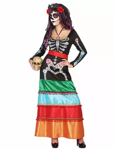 Dlouhý barevný mexický kostým pro ženy Dia de los muertos, Velikost: XS/S