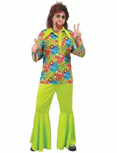 Zelený hippie kostým s barevnými symboly pro muže, Velikost: Medium (48-50)