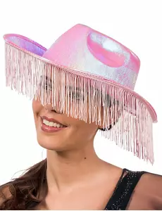 Růžový iridescentní kovbojský klobouk s třásněmi pro dospělé