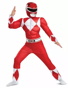 Dětský kostým Power Rangers – červený se svaly, Velikost: 10–12 let(137–149 cm)
