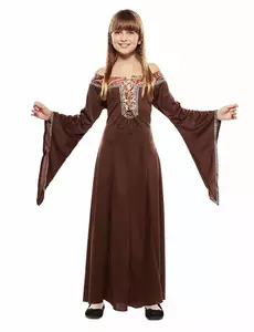 Dětský kostým hnědých středověkých dámských šatů, Velikost: 7-9 let (122-138 cm)