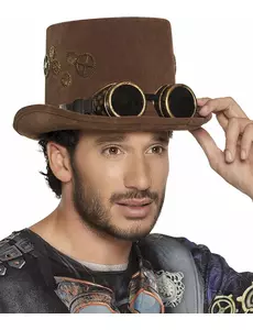 Hnědý cylindr s ozubenými koly a steampunk brýlemi pro dospělé