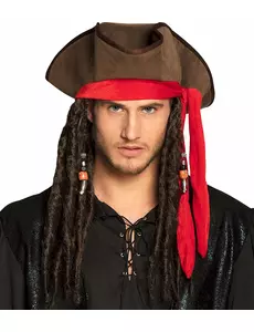Hnědý pirátský klobouk s parukou pro dospělé