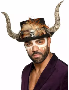 Voodoo klobouk s rohy a peřím pro dospělé