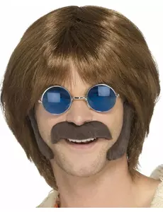 Hnědá hippie sada s knírem a licousy pro muže