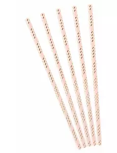 10 růžových kartonových brček se zlatými metalickými pruhy 19,5 cm