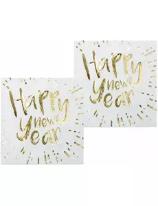 20 ubrousků Happy New Year bílo-zlatých 33 × 33 cm