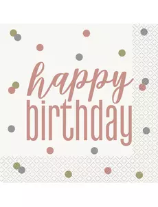 16 papírových ubrousků Happy Birthday bílé a rose gold 33 x 33 cm
