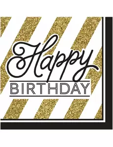 16 papírových ubrousků Happy Birthday černé a zlaté 33 x 33 cm