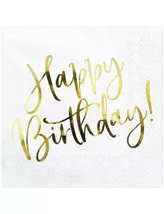 20 papírových ubrousků Happy Birthday bílo-zlatých 33 x 33 cm
