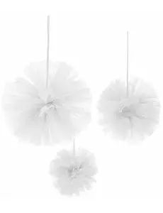 3 bílé tylové závěsné pompomy 15, 20 a 30 cm