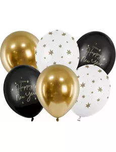 6 balónků Happy New Year černé a zlaté 30 cm