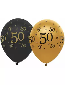 6 černo-zlatých latexových balónků 50th anniversary 30 cm