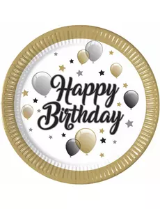 8 papírových talířů Happy Birthday zlatá/černá/stříbrná 23 cm