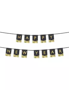 Happy New Year černo-zlatá praporková girlanda 135 cm