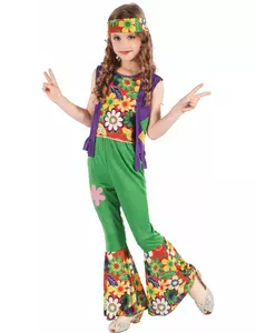 Zelený hippie flower power kostým pro dívky, Velikost: 4-6 let (110-120 cm)