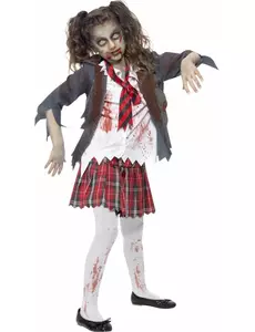 Zombie kostým školačky pro dívky Halloween, Velikost: 7-9 let (130/143 cm)