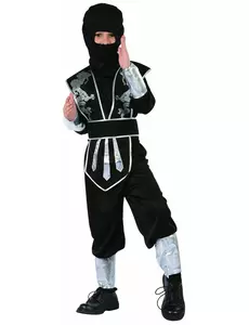 Černo-stříbrný nindža kostým pro chlapce, Velikost: 10-12 let (130-140 cm)