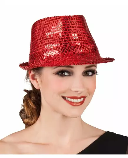 Červený flitrovaný klobouk borsalino pro dospělé