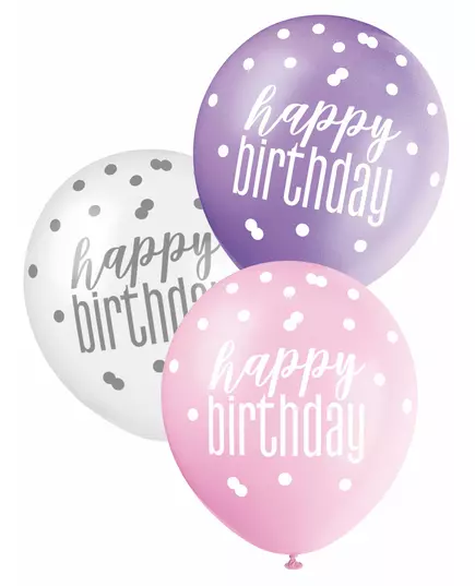 6 růžových, fialových a bílých balonků Happy Birthday