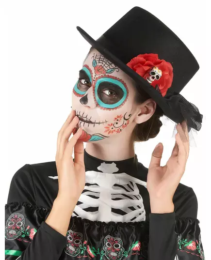 Černý cylindr s červenou květinou a lebkou pro Dia de los muertos (dospělý)