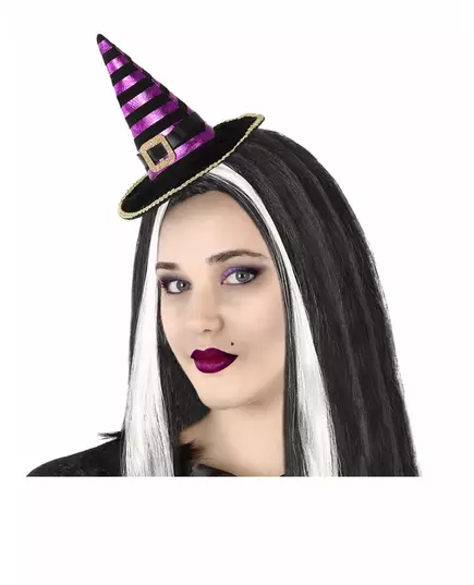 Čelenka mini čarodějnický klobouček černý/fialové pruhy pro dospělé