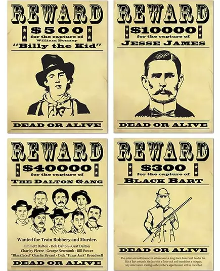 4 plakáty „Reward“ American Bandits 19"