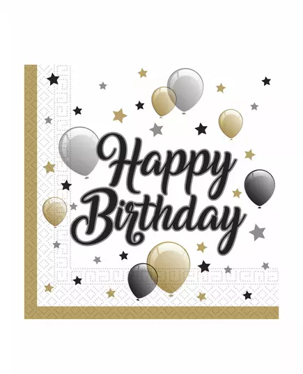 20 papírových ubrousků Happy Birthday zlatá/černá/stříbrná 33 × 33 cm