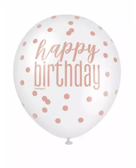 6 latexových balónků Happy Birthday s bílými a růžovými puntíky 30 cm