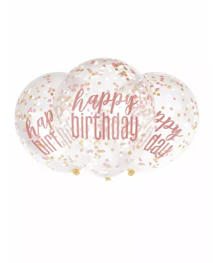 6 průhledných latexových balónků Happy Birthday s růžovým konfeti 30 cm