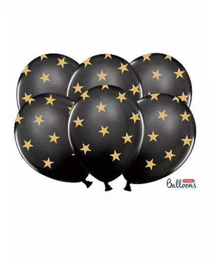 6 černých latexových balónků se zlatými hvězdami 30 cm