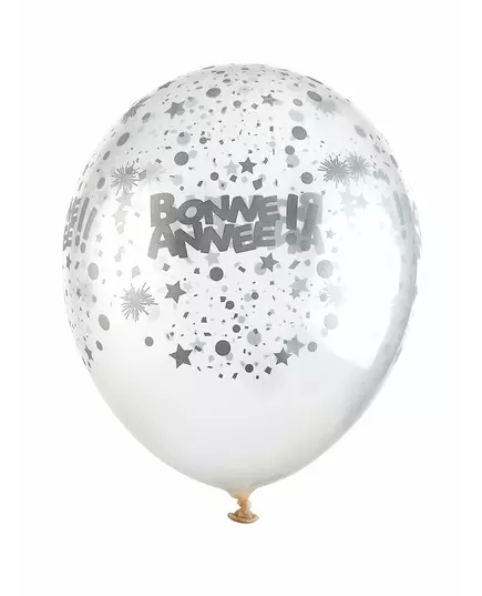 6 průhledných latexových balónků Happy New Year stříbrné 30 cm