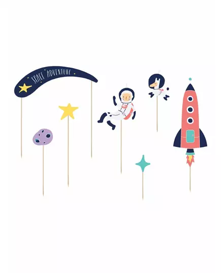 7 kartonových topperů na dort Space Adventure 9,5–24,5 cm