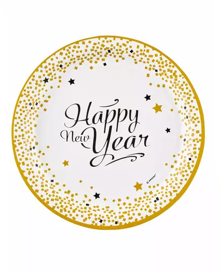 8 zlatých papírových talířů Happy New Year 23 cm