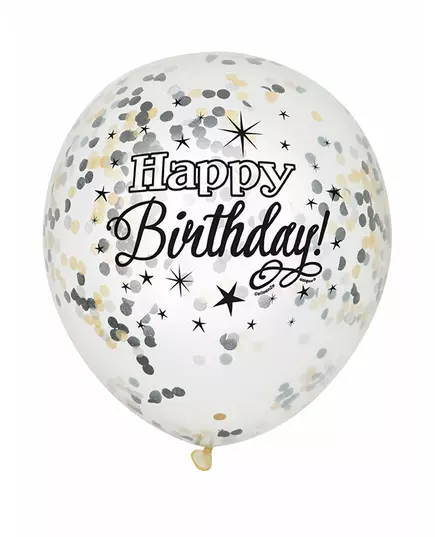 Latexové balónky Happy Birthday se stříbrno-zlatými konfetami 30 cm