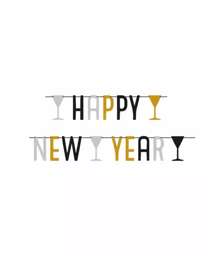 Girlanda Happy New Year stříbrná černá a zlatá