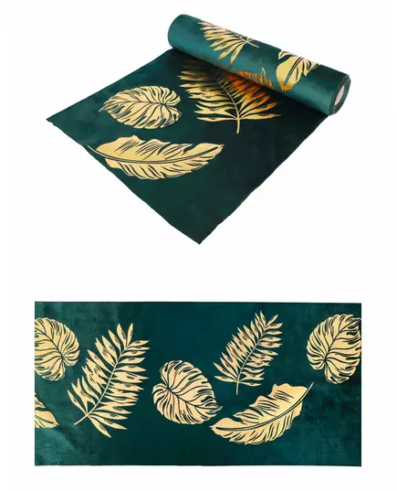 Sametový běhoun na stůl zelený se zlatými listy 28 cm x 3 m