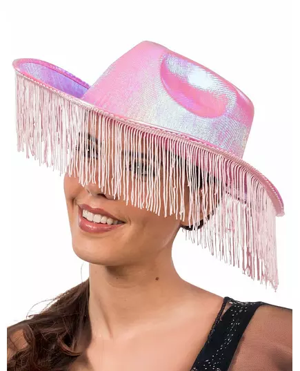 Růžový iridescentní kovbojský klobouk s třásněmi pro dospělé