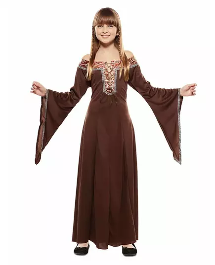 Dětský kostým hnědých středověkých dámských šatů, Velikost: 7-9 let (122-138 cm)
