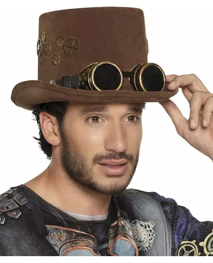 Hnědý cylindr s ozubenými koly a steampunk brýlemi pro dospělé